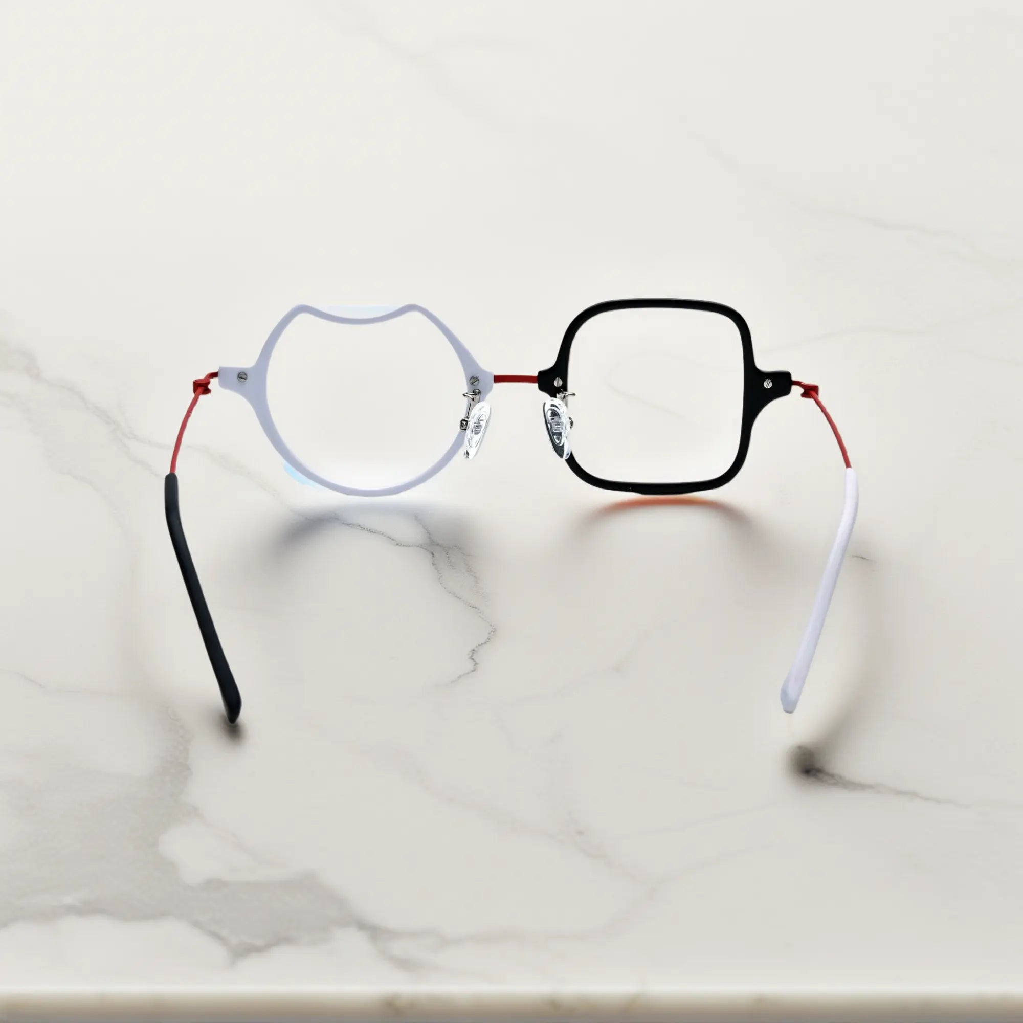 Back View of VoyueLens™ Frosted Crimson asymmetric titanium eyeglasses VL185842-C2. Rear view displaying the acetate frame and the titanium temple connection structure.